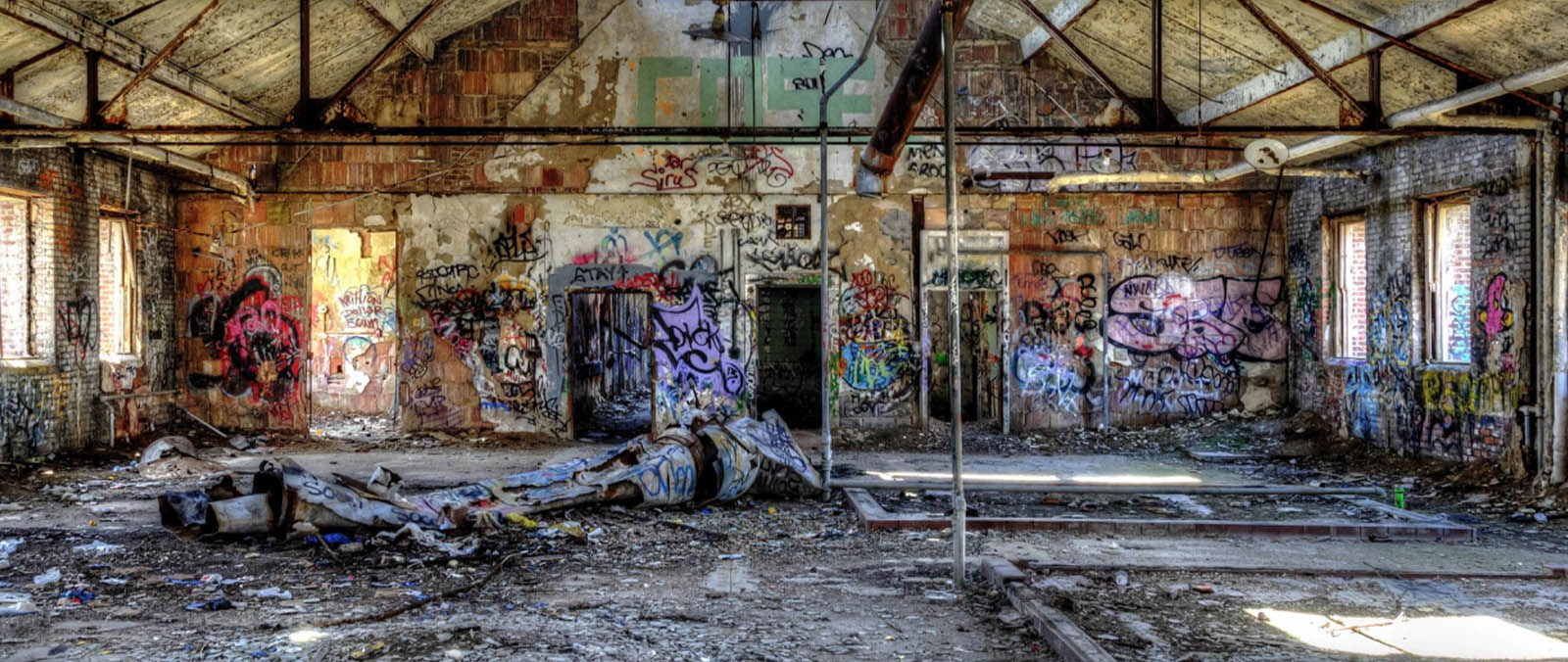 Abandoned and graffitied warehouse brownfield site