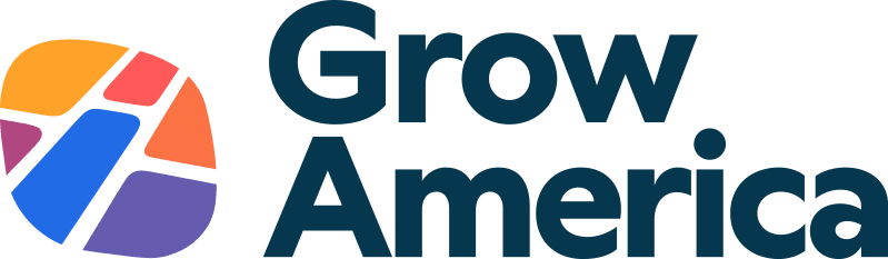 Grow America logo featuring a colorful, mosaic-style geometric mark alongside stacked dark blue text