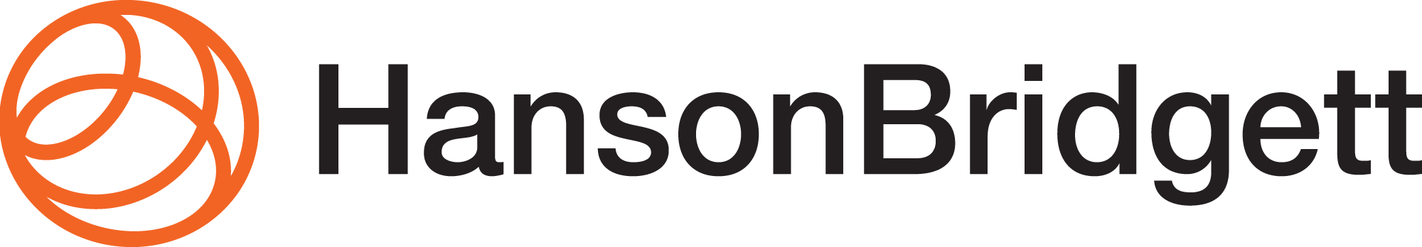 Logo for HansonBridgett featuring a vibrant orange circular emblem on the left composed of overlapping, looping lines, next to the company name "HansonBridgett" written in a bold, black sans-serif font
