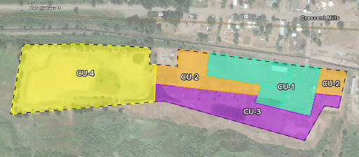 Site map of the former Louisiana Pacific Sawmill in Crescent Mills showing four distinct areas labeled CU-1 through CU-4 mapped for a phased cleanup approach