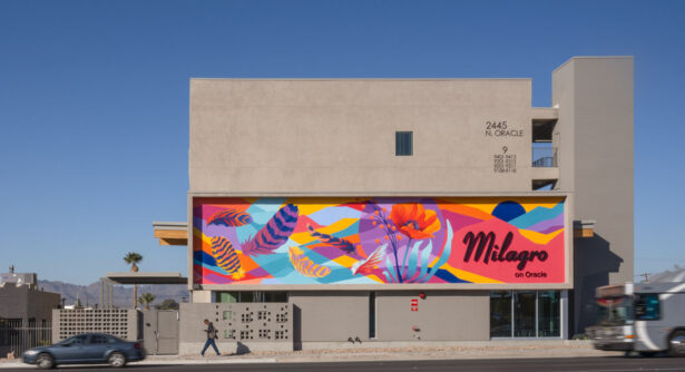 Milagro on Oracle building featuring colorful mural