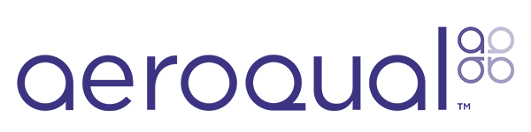 The image shows the logo aeroqual in lowercase purple letters, with a geometric design of four overlapping circles in two columns to the right of the text.